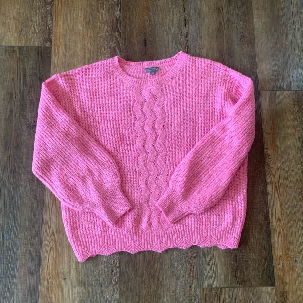 Bubblegum pink balloon sleeve cable knit sweater